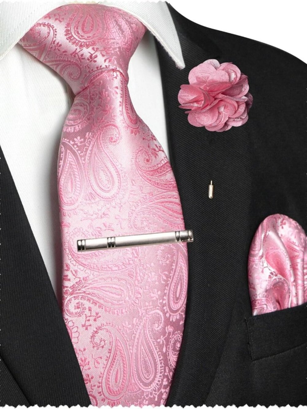 Stylish Men's Paisley Tie Set with Lapel Pin, Pocket Square & Tie Clip - 4PCS